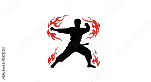 Dynamic silhouette of a martial artist in action with fiery accents representing power and skill in combat sports and self defense isolated on white background