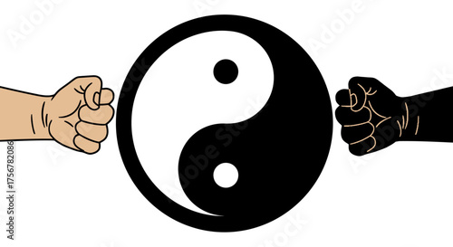 Two opposing fists ready to strike meeting at the center of a powerful yin yang symbol representing balance and harmony isolated on white background