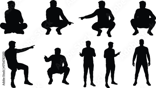 Flat vector, human silhouette poses, sitting standing pointing, cross legged squatting, body language gestures, isolated black figure, posture reference, character design, stock illustration