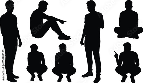 Flat vector, human silhouette poses, sitting standing squatting, body language gestures, isolated black figure, ergonomic posture, character design reference, stock illustration