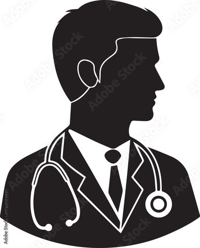 Silhouette of a male doctor wearing a suit and stethoscope isolated on white background