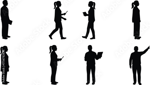 Professional silhouette, business person vector, academic figure illustration, office worker design, student reading book, tablet user, pointing gesture, isolated people