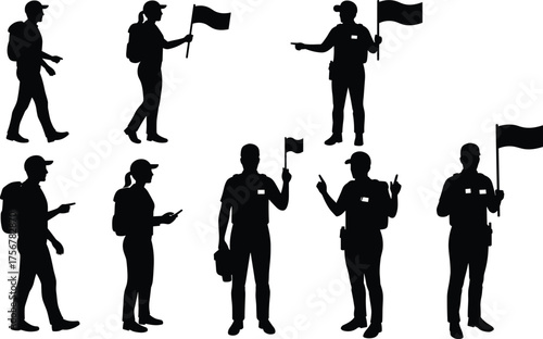 Flat vector, tour guide silhouettes, flag leader poses, travel group gestures, isolated black figures, occupational posture reference, tourism design, stock illustration