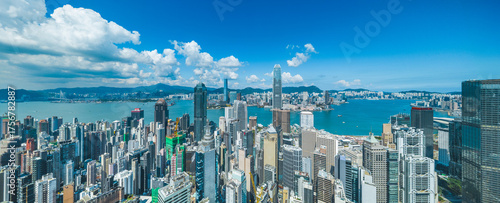 Canvas Print October 2025 aerial panoramic view of Hong Kong business skyscrapers, Victoria H