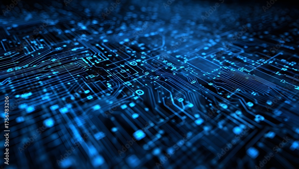 Obraz premium Intricate blue circuit board with glowing lights representing data flow and digital connections in a futuristic network