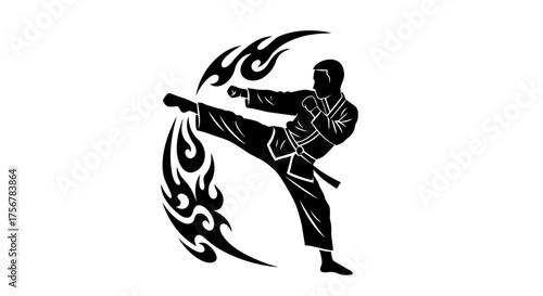 Dynamic martial arts silhouette dynamic karate fighter performing a powerful side kick with fiery abstract embellishments isolated on white background