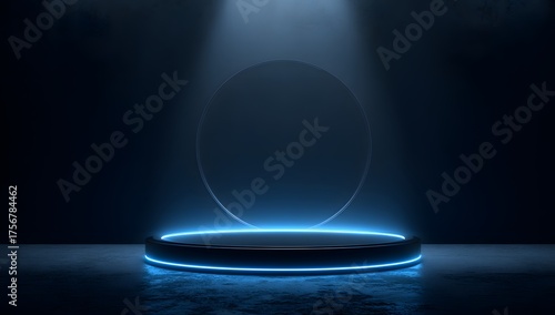 Futuristic stage with glowing blue neon ring and dramatic spotlight illuminating an empty circular platform in darkness