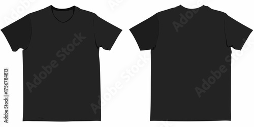 Front and back view of a plain black short sleeve crew neck t shirt isolated on white background