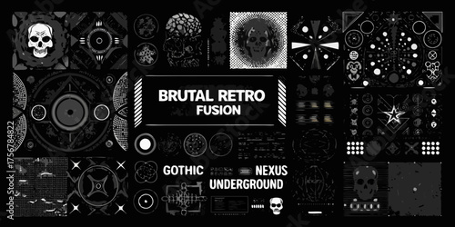 Brutal retro fusion collage featuring skulls geometric shapes and gothic underground nexus typography