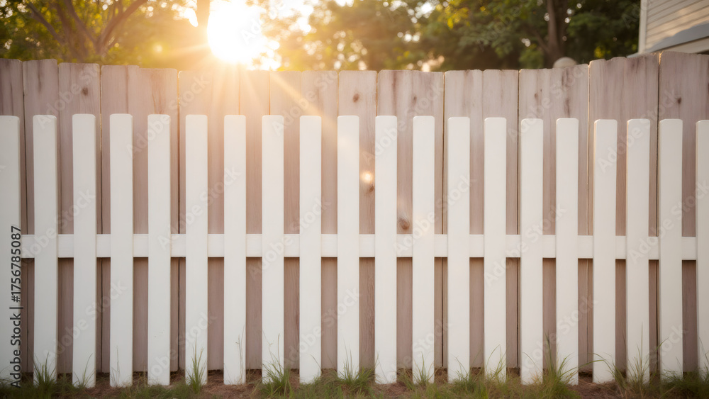 Fototapeta premium Sunlight streams through a white picket fence on a bright summer day