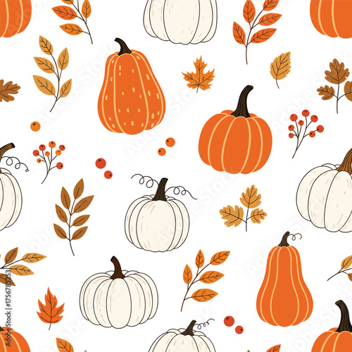 A charming autumn seamless pattern with pumpkins and fall leaves.