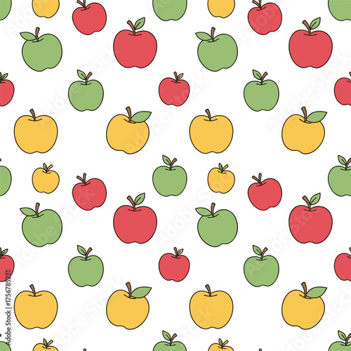 A delightful pattern of various colored apples scattered across a white background.