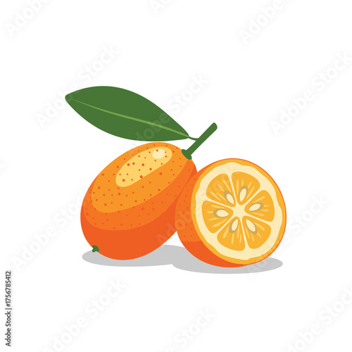 Fresh kumquat fruit with a leaf and sliced half on a white background.