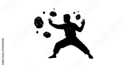 Silhouette of a martial artist practicing tai chi with floating energy stones in a dynamic pose emphasizing balance and control for ancient martial arts training isolated on white background