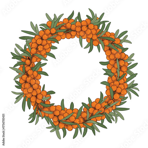 A circular wreath crafted from vibrant orange sea buckthorn berries and green leaves.