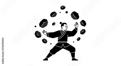 Martial arts master skillfully juggles coffee beans demonstrating zen focus and energy amidst dynamic movement and cultural heritage isolated on white background