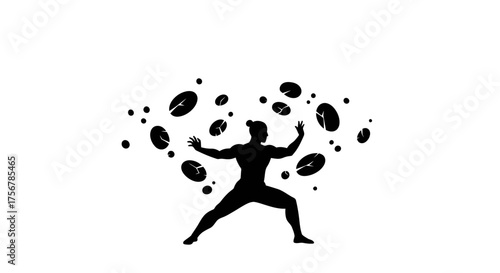 Silhouette of a person with arms outstretched surrounded by a swirling cloud of abstract organic shapes representing energy creation or manipulation isolated on white background