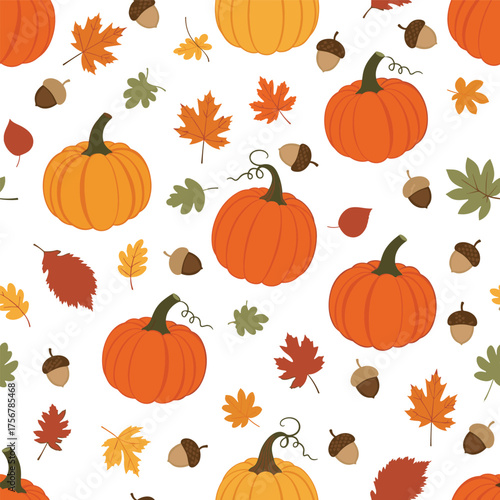 A charming seamless pattern featuring pumpkins acorns and colorful autumn leaves.