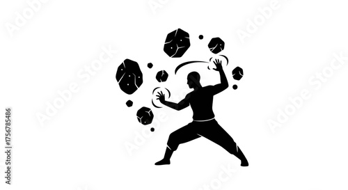 Silhouette of a person juggling glowing orbs with a curved sword in a dynamic action pose representing magic and skill isolated on white background