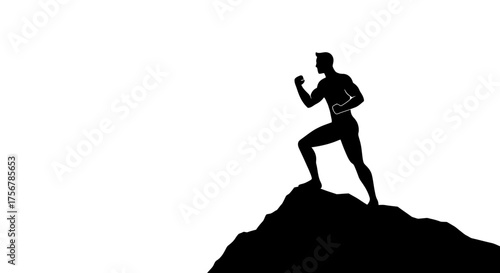 Silhouette of a determined athlete running vigorously up a rocky summit in a powerful pose symbolizing achievement and perseverance. isolated on white background
