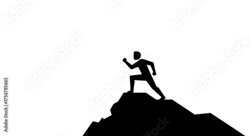 Silhouette of a determined runner standing atop a rugged mountain peak at dawn against a bright sky symbolizing achievement and the start of a new journey isolated on white background