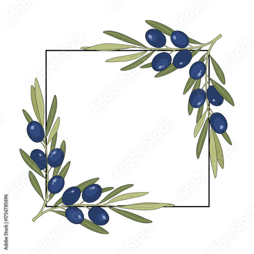This artistic corner frame features olives and olive leaves on a white background.