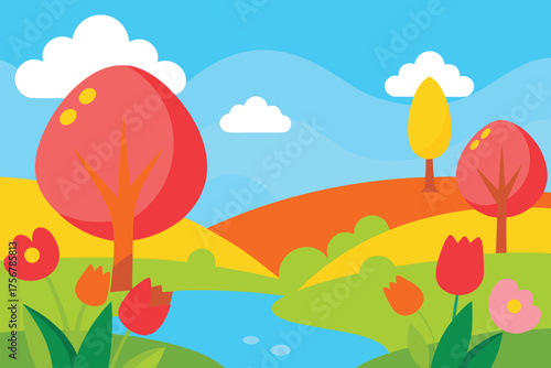 Vibrant cartoon landscape with rolling hills trees flowers and a stream