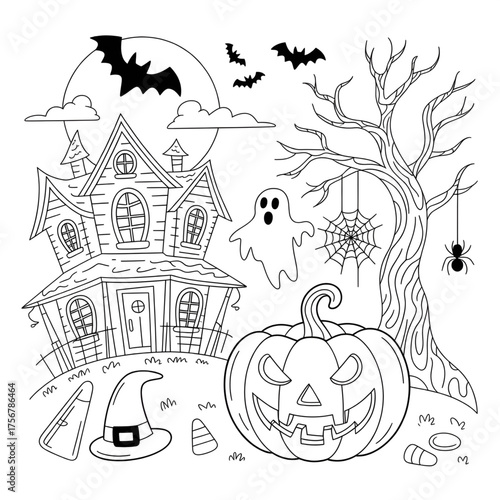 Halloween Spooky Scene Coloring Page for Kids - Haunted House, Bats, Ghosts, Pumpkins, Spider, Tree