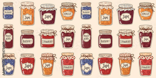 A seamless pattern with cartoon jam jars. Hand-drawn illustration of homemade fruit preserves like strawberry, blueberry, and apricot