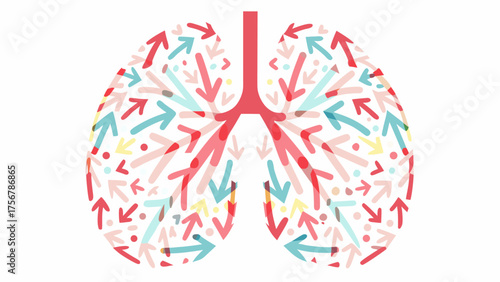 Illustration of human lungs filled with colorful arrows pointing in various directions on a white background silhouette