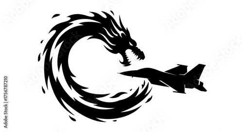 Dynamic silhouette of a fierce dragon interacting with a stealth fighter jet in a dramatic artistic concept isolated on white background