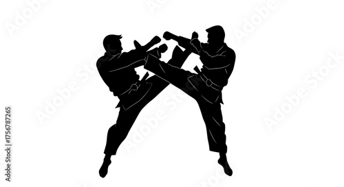 Dynamic silhouette of two martial artists performing powerful kicks in synchronized combat action isolated on white background