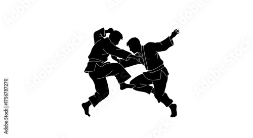Dynamic silhouette of two martial artists in combat demonstrating a judo or jiu-jitsu throw during intense training session isolated on white background