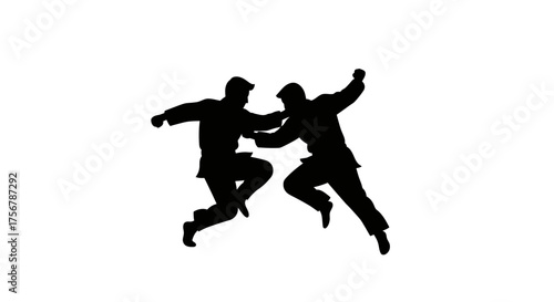 Dynamic silhouette of two martial artists engaging in combat demonstrating powerful judo or karate techniques and athleticism isolated on white background