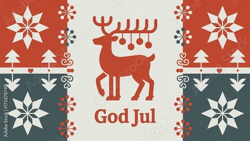 Festive holiday graphic with reindeer, snowflakes, and 'God Jul' greeting