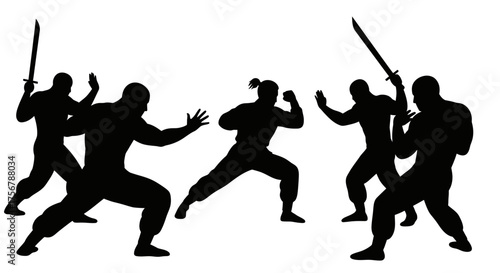 Dynamic silhouette of martial artists engaged in combat with swords demonstrating skillful movement and warrior spirit in a fierce battle scene isolated on white background