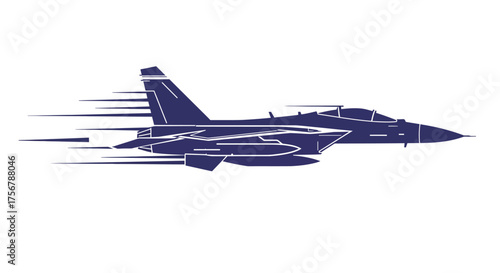 Modern dark blue fighter jet in high-speed flight motion streaks aerodynamic aircraft military aviation isolated on white background