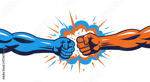 Two powerful fists clash in a dramatic collision of colors symbolizing competition conflict and opposing forces meeting head on isolated on white background