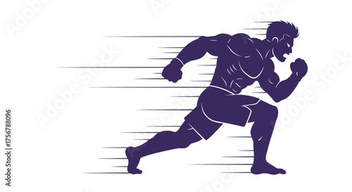 Dynamic silhouette of a muscular athlete sprinting forward motion blur representing speed power athleticism competitive spirit and determination isolated on white background