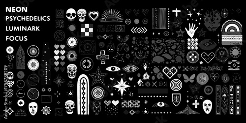 Collection of psychedelic and abstract black and white graphic elements and symbols