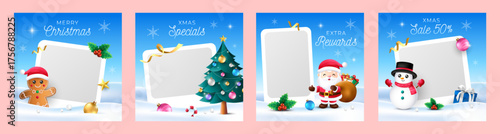 Cute blue christmas sale square social media post template frame collection. Vector illustration for greeting card, web banner, marketing.