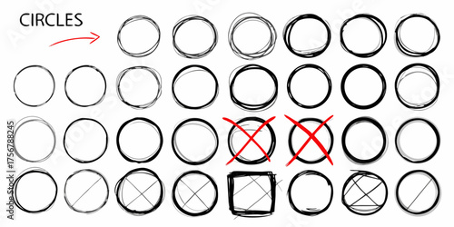 Collection of hand drawn circles and shapes with red crosses indicating rejection or error