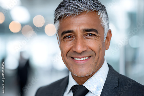 Confident Businessman Smiles Warmly in a Modern Office Setting During a Bright Day