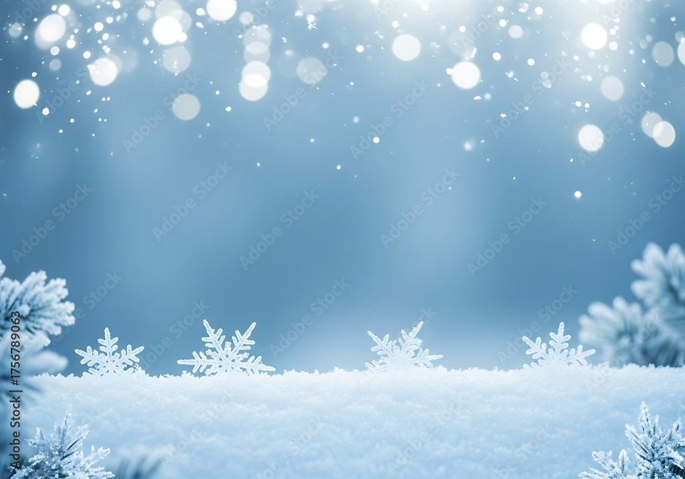 Naklejka premium Snowflake On Natural Snowdrift Close Up, Christmas And Winter Background