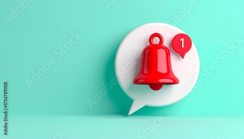 Red notification bell icon with one alert on white speech bubble, modern design concept