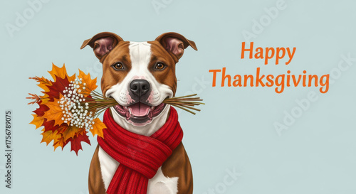 Happy thanksgiving greeting with a dog holding a bouquet of autumn leaves and a red scarf