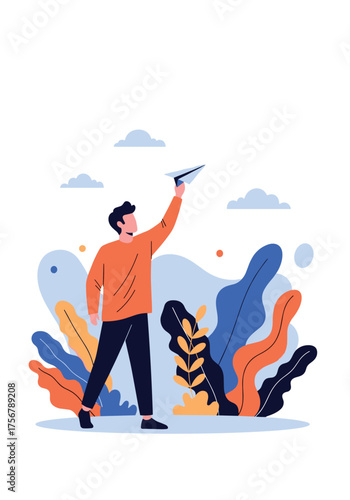 A man launching a paper airplane amidst colorful abstract plants and clouds.