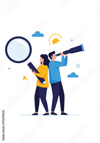 Two people searching for opportunities using a magnifying glass and a telescope.