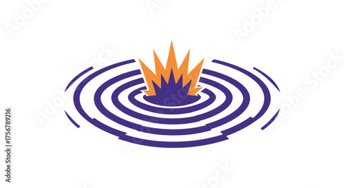 Abstract fiery explosion rippling through concentric purple and white circles creating a dynamic impact effect symbolizing energy power transformation isolated on white background