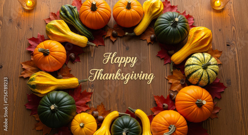 Happy thanksgiving wreath made of pumpkins, gourds, and autumn leaves on a wooden background with candles
